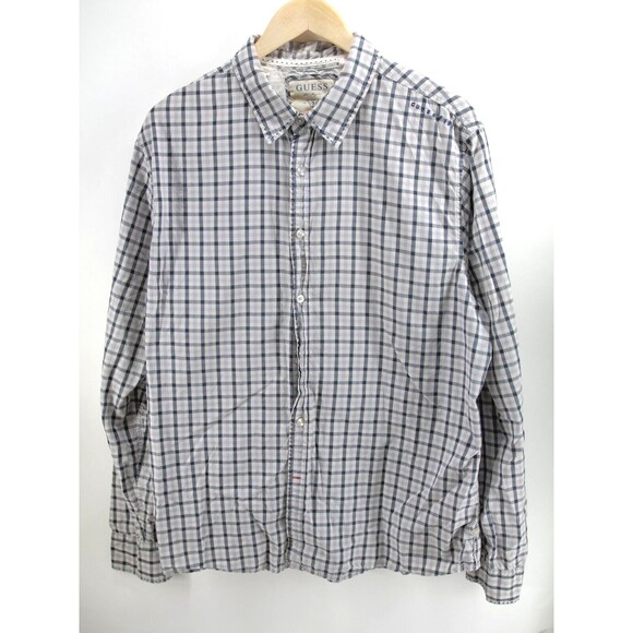 Guess Plaid Long Sleeve Button Up Shirt XL Beige‎ Blue - Picture 1 of 7